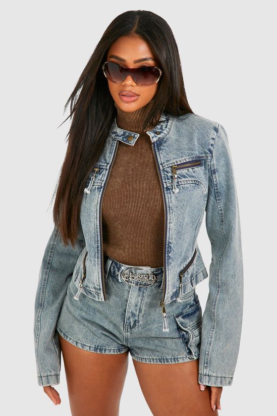 Zip Detail Slim Fit Denim Moto Jacket