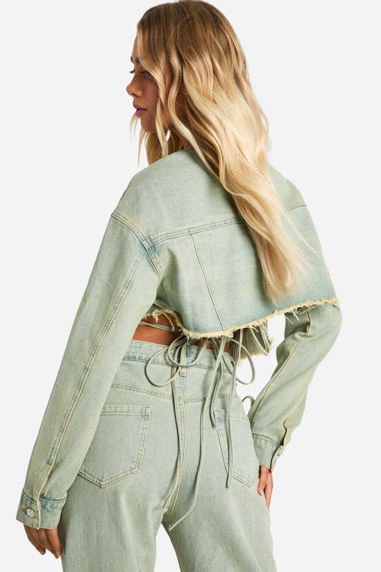 Fray Hem Tie Waist Detail Crop Denim Jacket