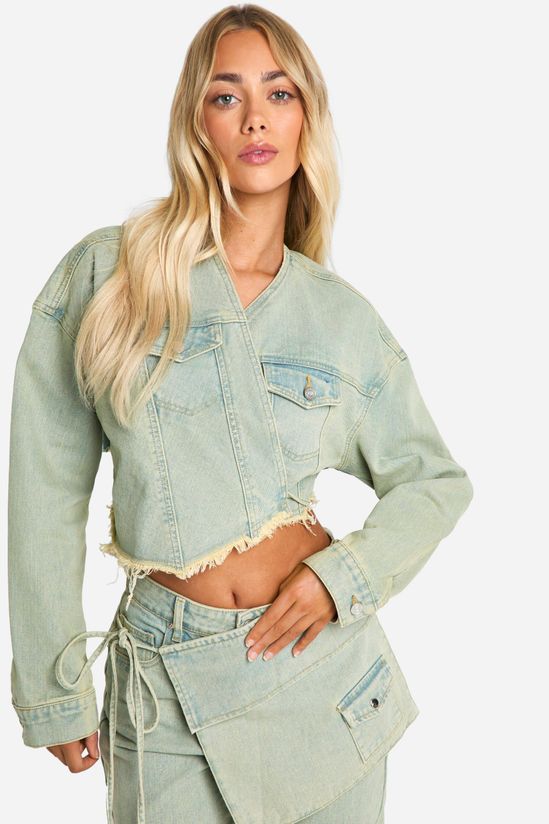 Fray Hem Tie Waist Detail Crop Denim Jacket