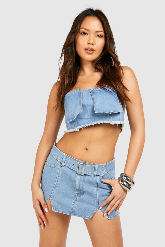 Notch Detail Buckle Belt Denim Micro Mini Skirt