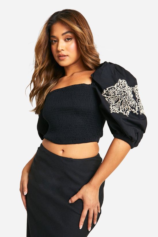 Petite Embroidery Puff Sleeve Crop Top