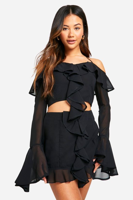 Chiffon Ruffle Front Bardot Crop