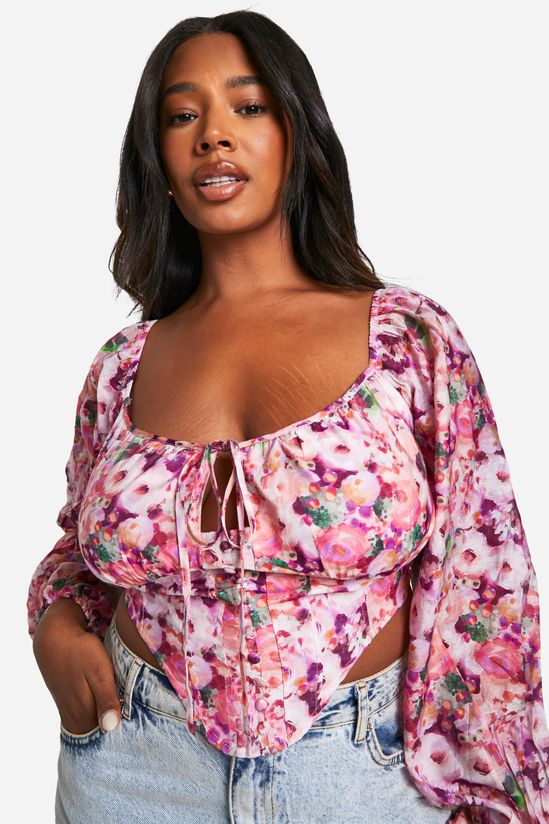 Plus Floral Tie Front Corset Top