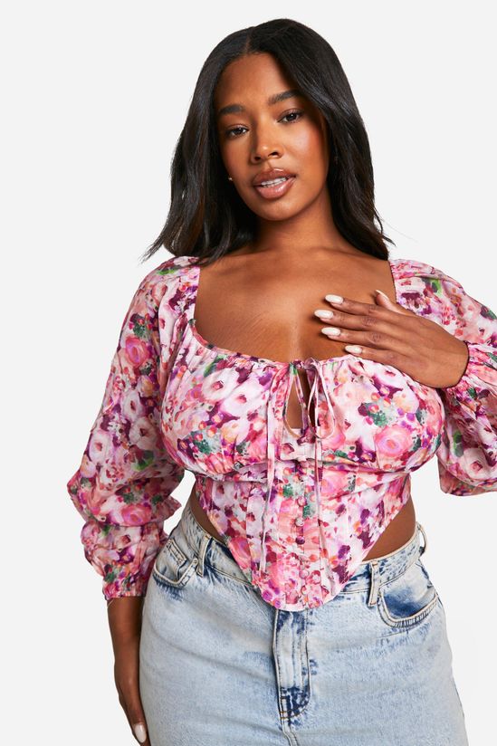 Plus Floral Tie Front Corset Top