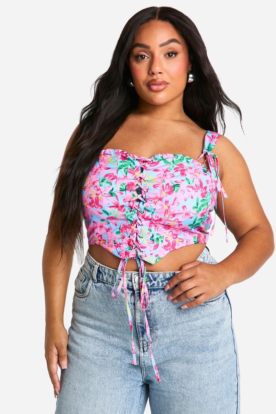 Plus Floral Lace Up Corset Top