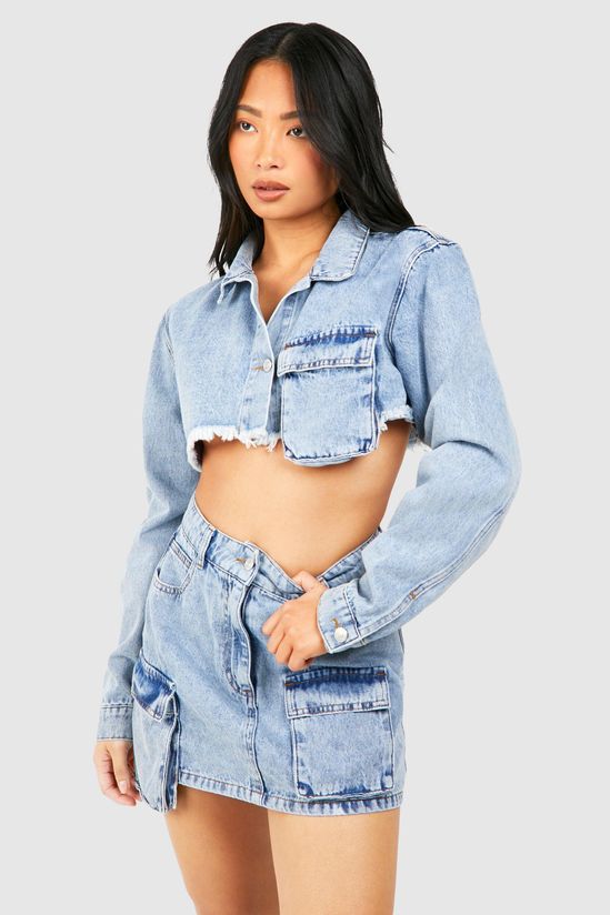 Petite Acid Wash Cargo Mini Skirt