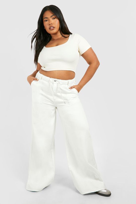Plus Ecru Drawstring Waistband Wide Leg Jeans
