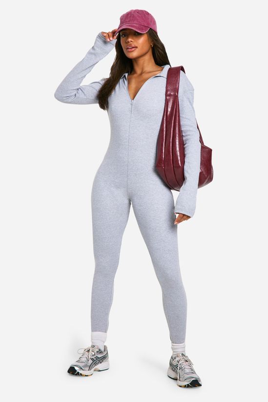 Soft Rib Zip Collar Unitard Jumpsuit
