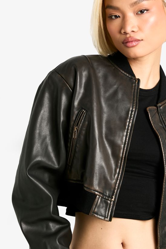 Vintage Look Faux Leather Cropped Bomber Jacket