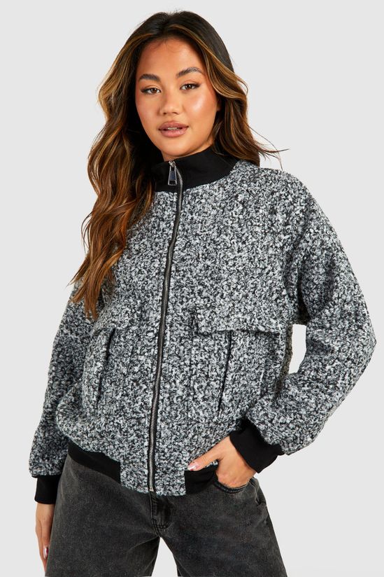 Pocket Detail Textured Wool Look Bomber Jacket