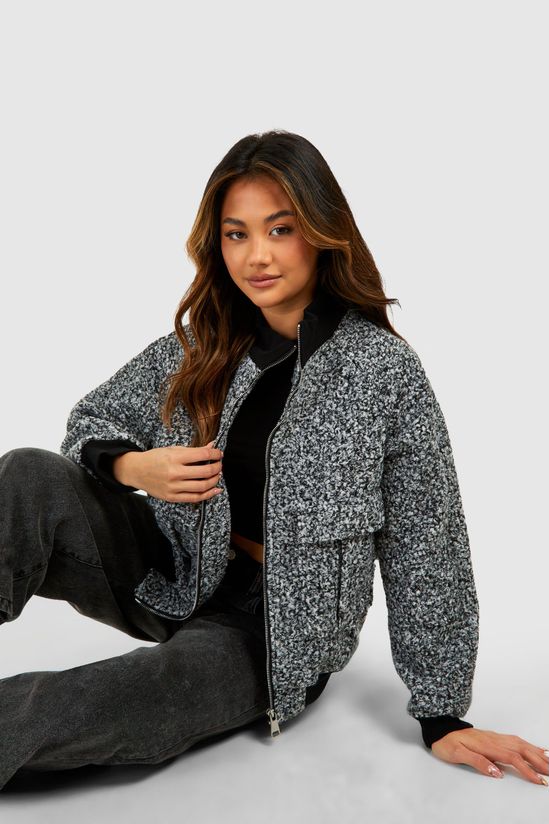 Pocket Detail Textured Wool Look Bomber Jacket