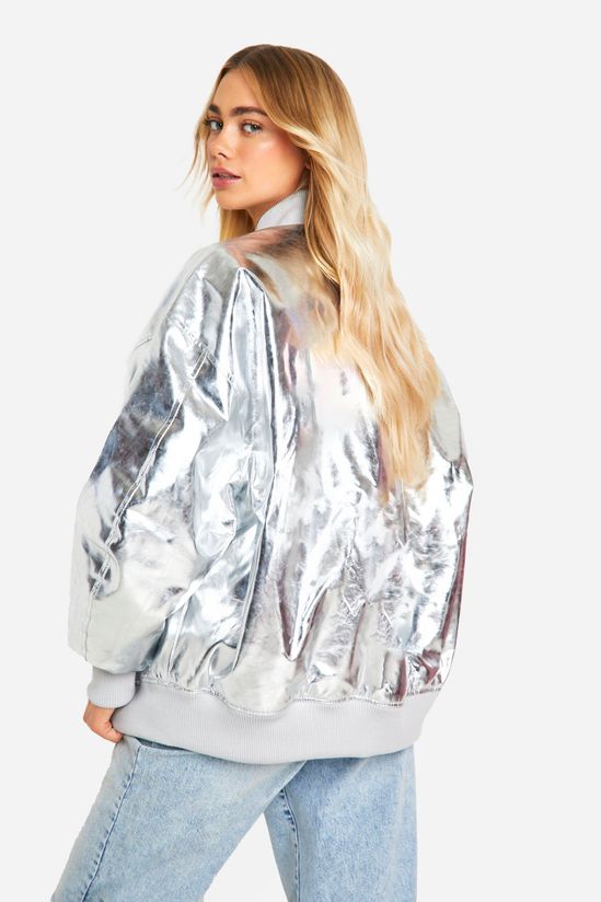 Metallic Oversized Faux Leather Bomber Jacket