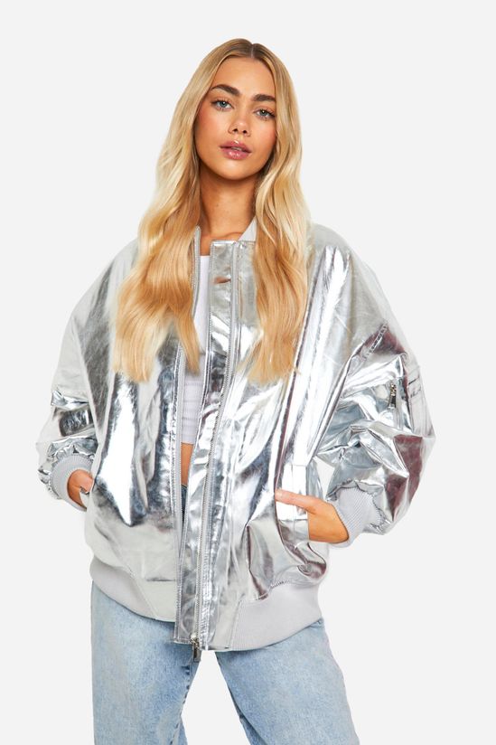 Metallic Oversized Faux Leather Bomber Jacket