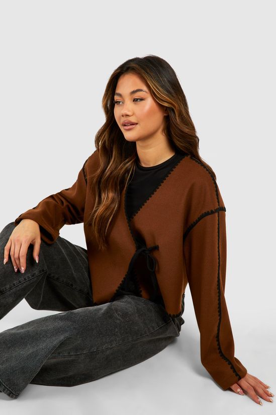 Bow Tie Detail Blanket Stitch Wool Look Jacket