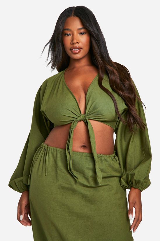 Plus Cotton Tie Front Crop Top