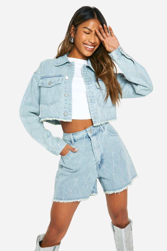 Diamante Hot Fix Fray Hem Crop Denim Jacket
