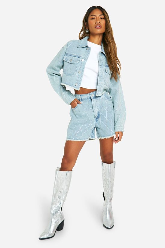 Diamante Hot Fix Fray Hem Crop Denim Jacket