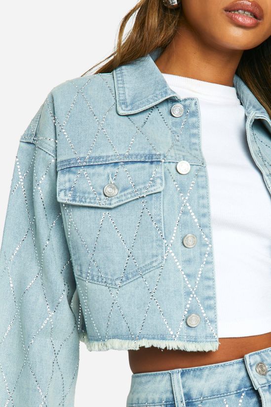 Diamante Hot Fix Fray Hem Crop Denim Jacket