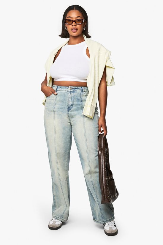 Plus Bleach Wash Cut And Spliced Bum Detail Jeans