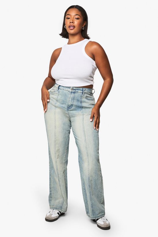 Plus Bleach Wash Cut And Spliced Bum Detail Jeans