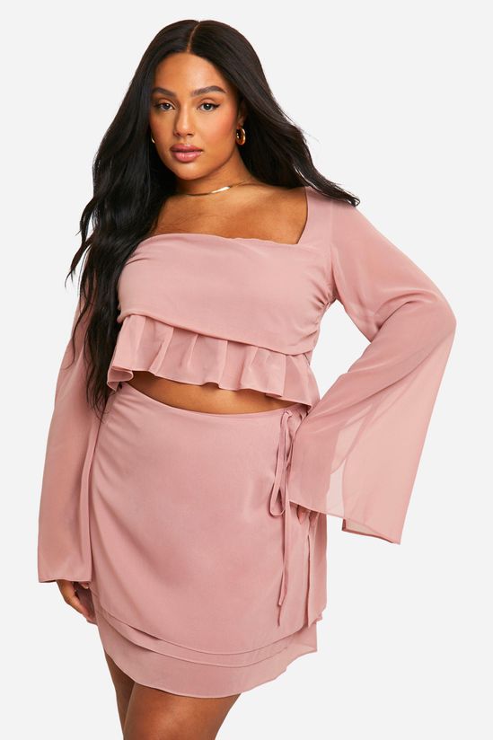 Plus Chiffon Ruffle Hem Long Sleeve Top
