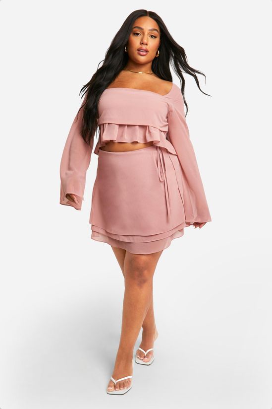 Plus Chiffon Ruffle Hem Long Sleeve Top