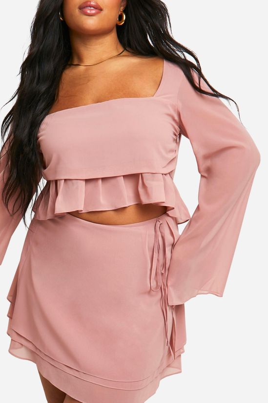 Plus Chiffon Ruffle Hem Long Sleeve Top