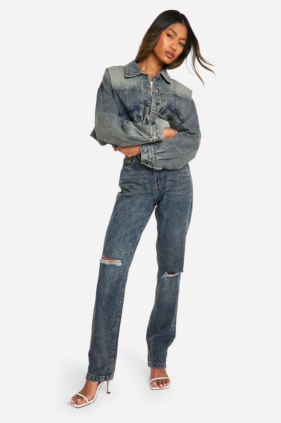 Basics High Waisted Straight Leg Ripped Knee Jeans