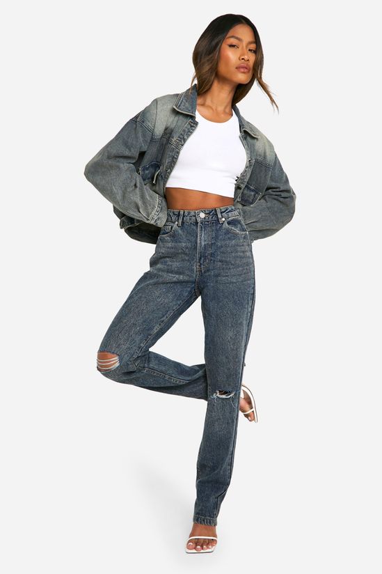 Basics High Waisted Straight Leg Ripped Knee Jeans