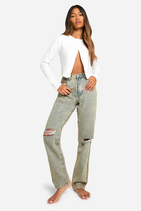 Basics 30 Inch Leg Vintage Wash High Waisted Straight Leg Ripped Knee Jeans