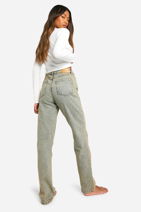 Basics 30 Inch Leg Vintage Wash High Waisted Straight Leg Ripped Knee Jeans