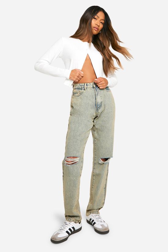 Basics 30 Inch Leg Vintage Wash High Waisted Straight Leg Ripped Knee Jeans