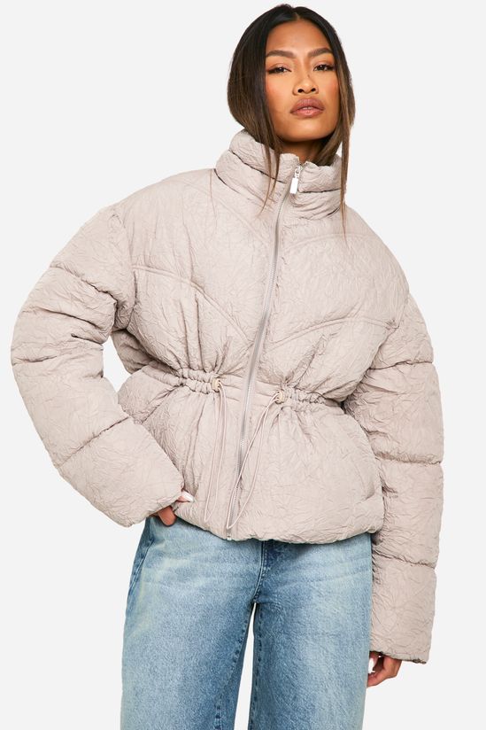 Crinkle Cinched Waist Puffer Jacket