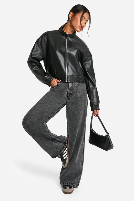 Collar Detail Faux Leather Bomber Jacket