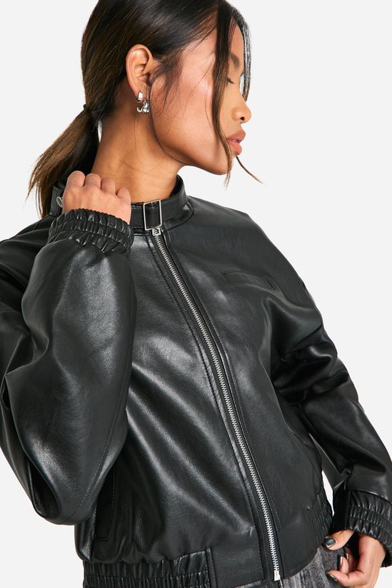 Collar Detail Faux Leather Bomber Jacket