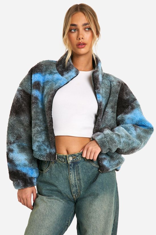 Boxy Tie Dye Print Teddy Bomber Jacket