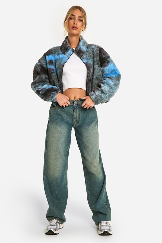 Boxy Tie Dye Print Teddy Bomber Jacket