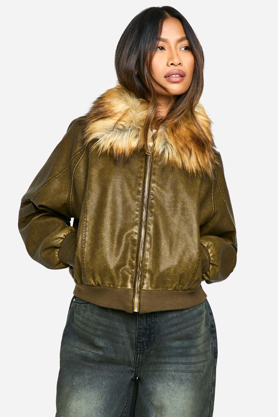 Faux Fur Collar Vintage Look Faux Leather Bomber Jacket