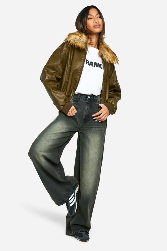 Faux Fur Collar Vintage Look Faux Leather Bomber Jacket