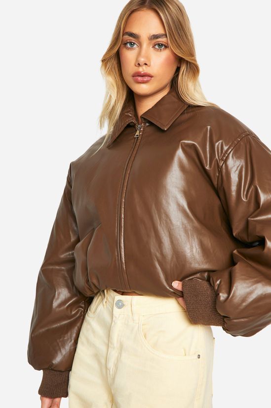 Padded Faux Leather Bomber Jacket