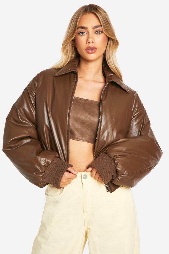 Padded Faux Leather Bomber Jacket