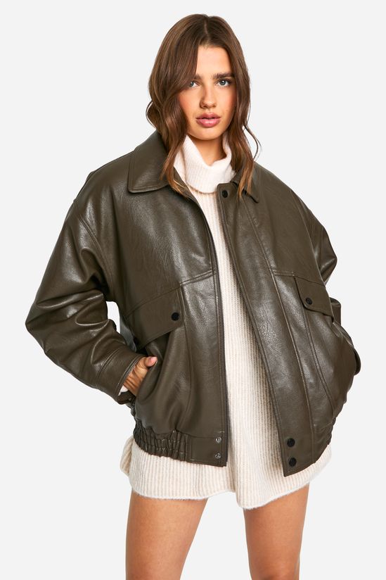 Teddy Lined Faux Leather Oversized Bomber Jacket