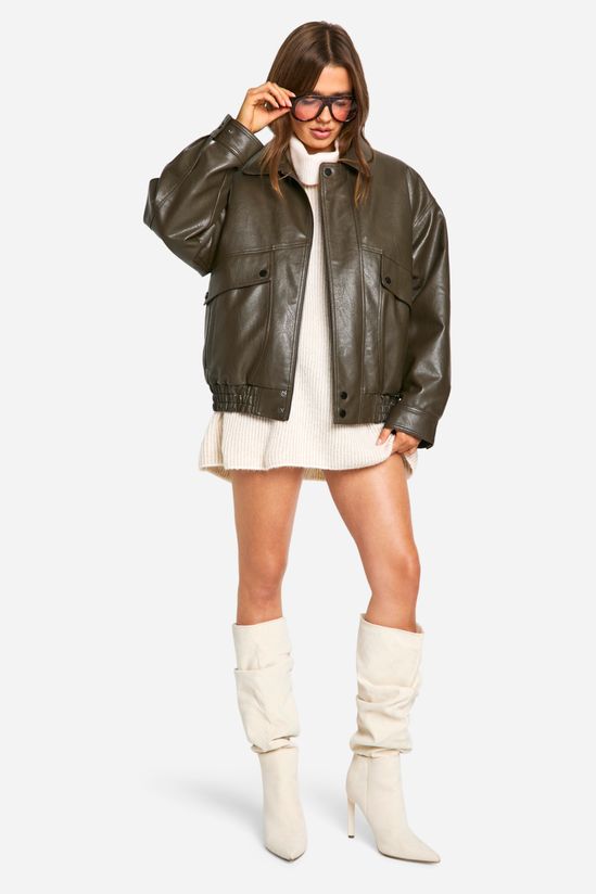 Teddy Lined Faux Leather Oversized Bomber Jacket