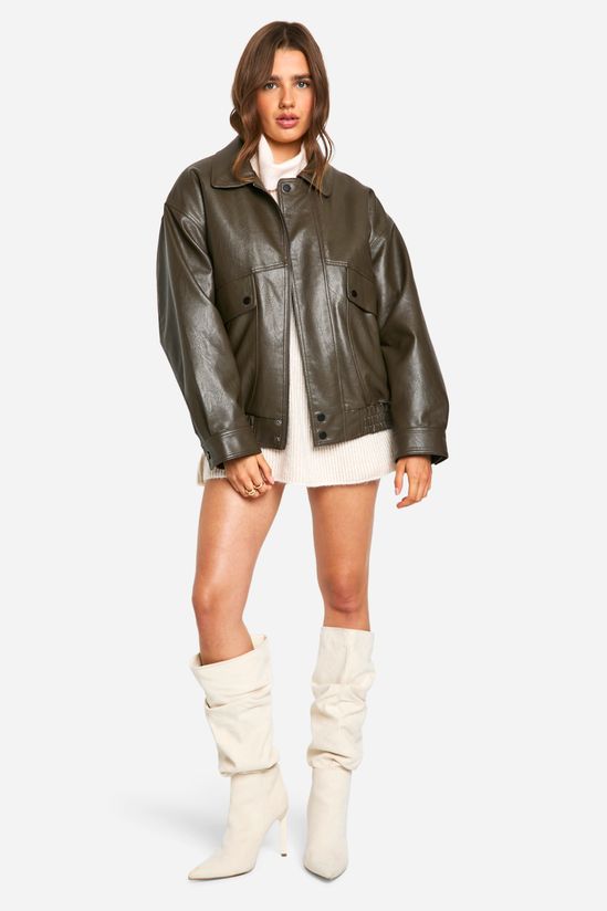 Teddy Lined Faux Leather Oversized Bomber Jacket