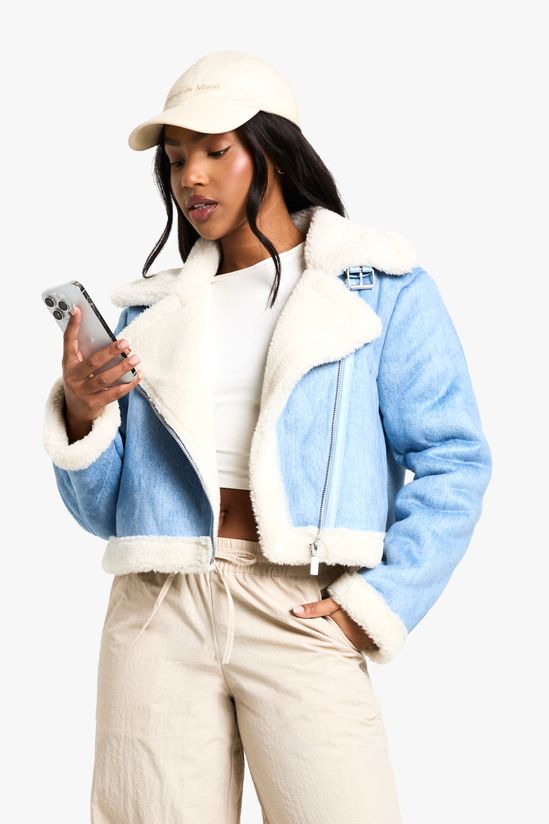 Denim Look Cropped Aviator Jacket