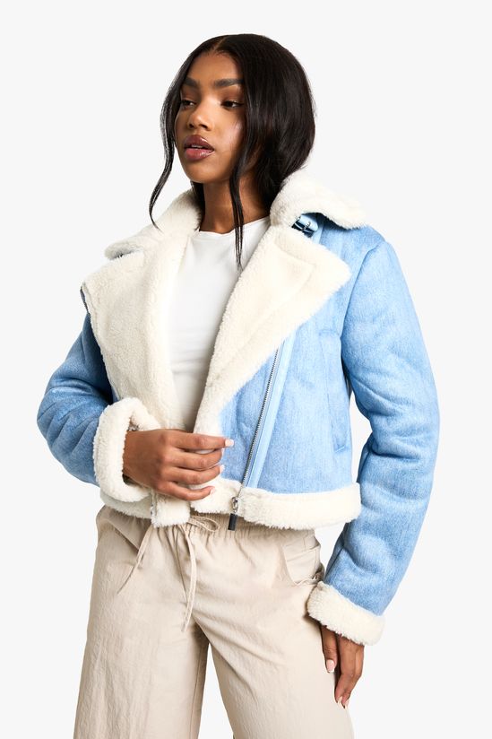 Denim Look Cropped Aviator Jacket