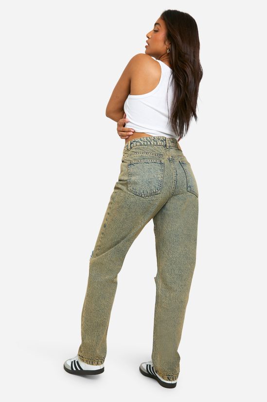 Petite Basics High Waisted Straight Leg Ripped Knee Jeans