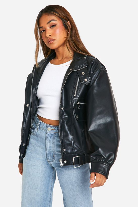 Petite Zip Detail Faux Leather Bomber Jacket
