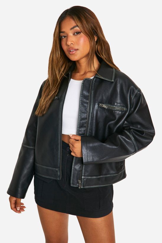 Petite Vintage Look Faux Leather Zip Jacket