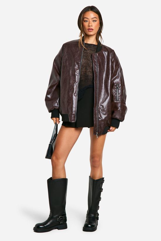 Tall Cracked Faux Leather Oversized Bomber Jacket
